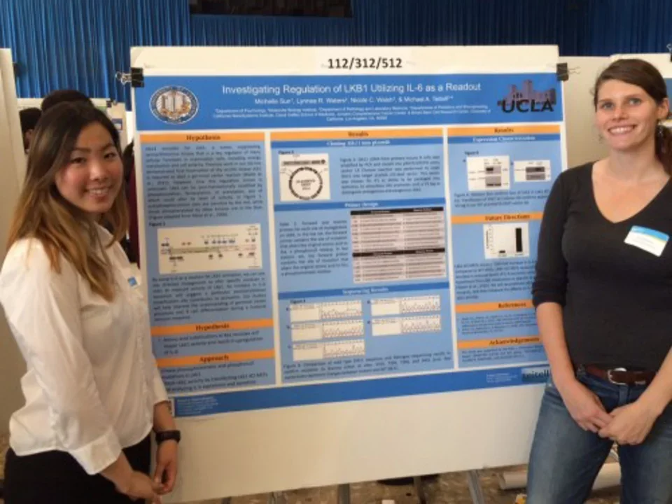 Two lab members stand smiling in front of a poster presentation